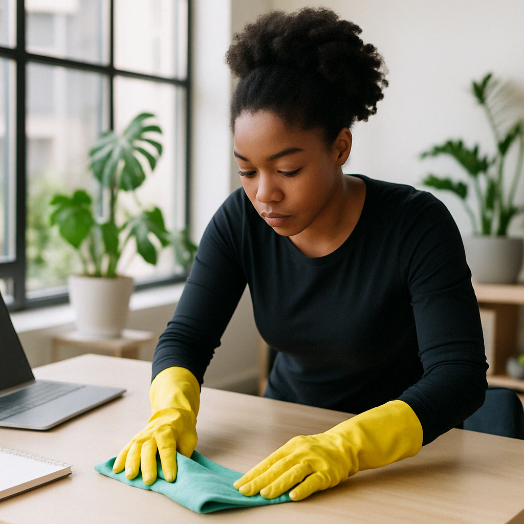 A black woman wearing yellow rubber gloves is cleaning a desk in a bright, modern workspace with large windows and potted plants. She is focused on organizing or wiping down the surface.